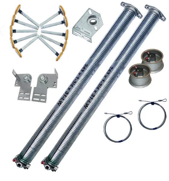 Separate sectional-door components including coiled lift cables, drums, rollers and torsion springs