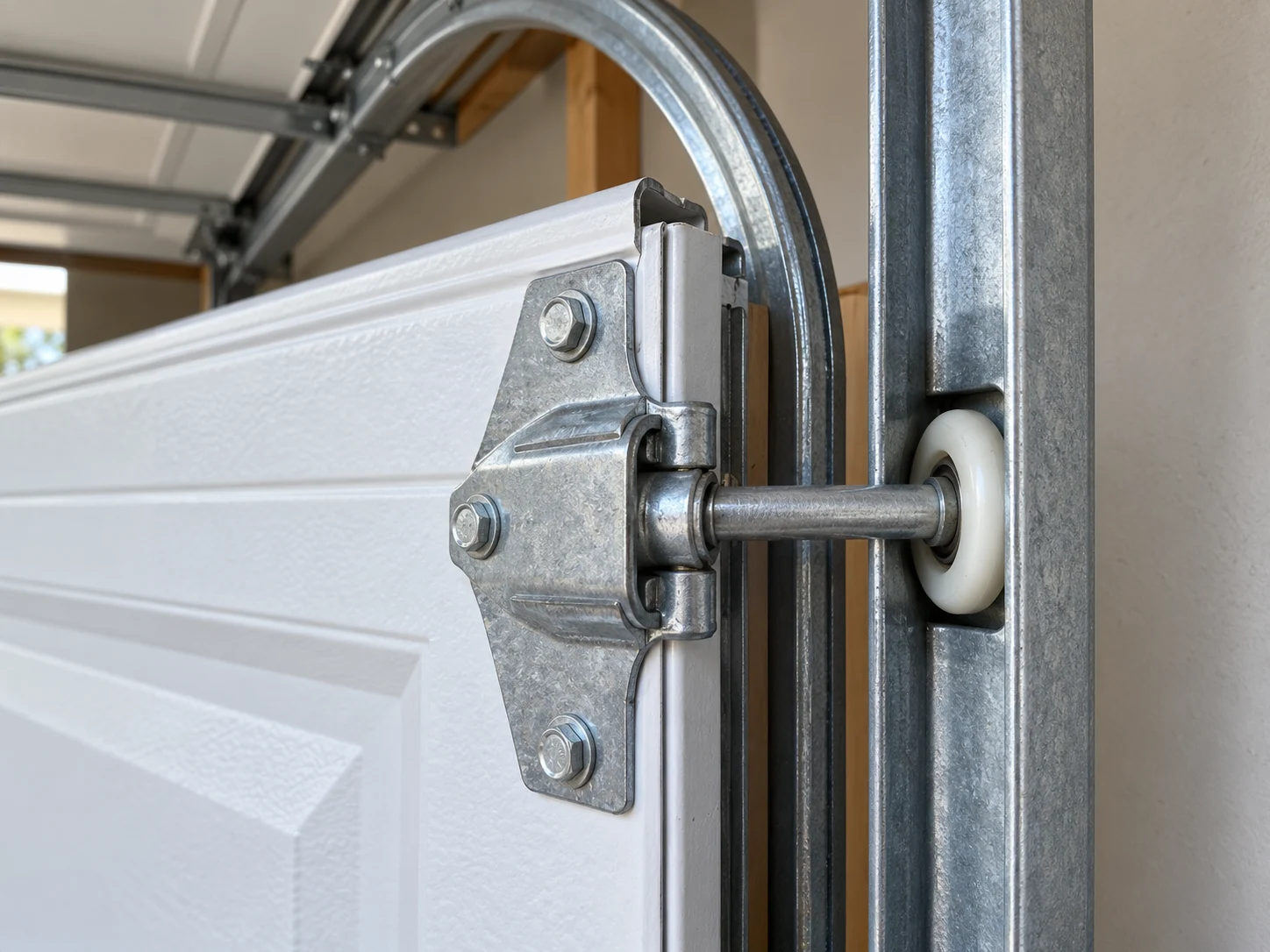 AI-generated close-up illustration showing a sectional-door hinge, roller stem and nylon roller inside a metal guide track
